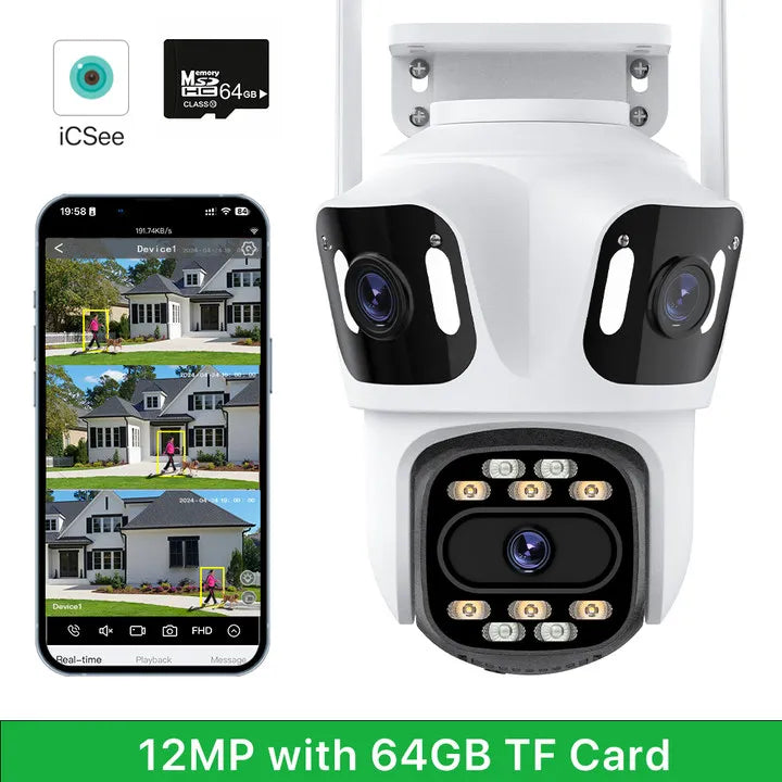 Three Lens Three Screen IP 12MP Camera WiFi External Dual Lens Auto Track Security PTZ 8MP HD Camera iCsee Video Surveillance