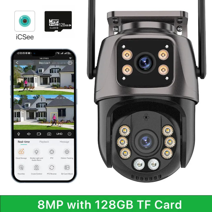 Three Lens Three Screen IP 12MP Camera WiFi External Dual Lens Auto Track Security PTZ 8MP HD Camera iCsee Video Surveillance