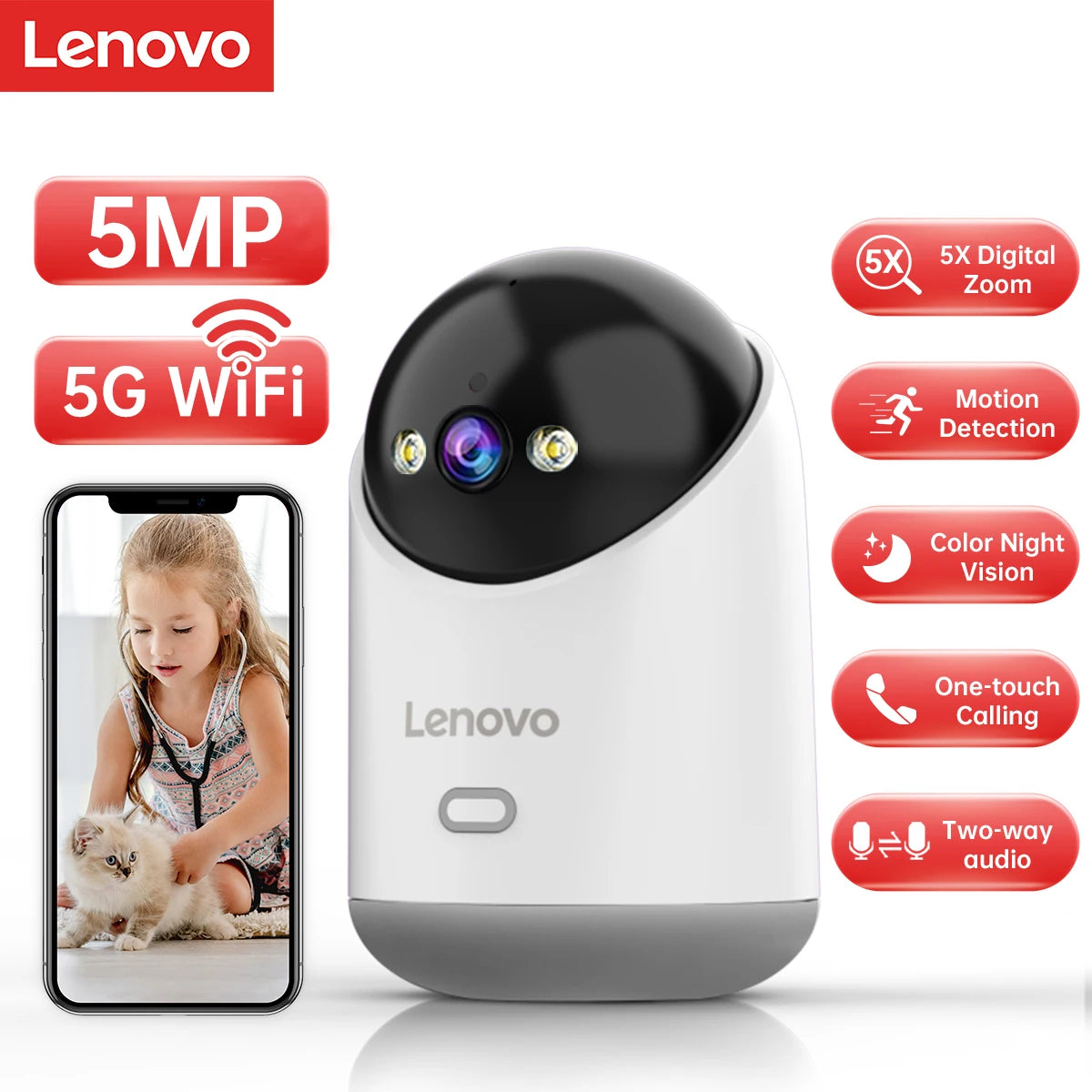 Lenovo 5MP WiFi Camera Smart Home Indoor Wireless IP Surveillance Camera Auto Tracking Security CCTV Surveillance Baby Monitor