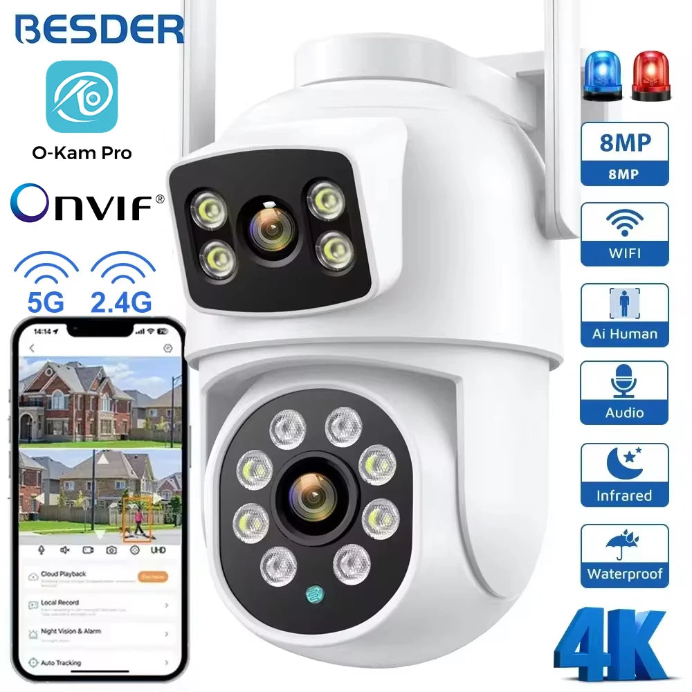 BESDER 4K 8MP Wifi Camera PTZ Outdoor Dual Screen Human Detection Dual Lenses 10MP Security Protection IP Camera Audio O-Kam Pro