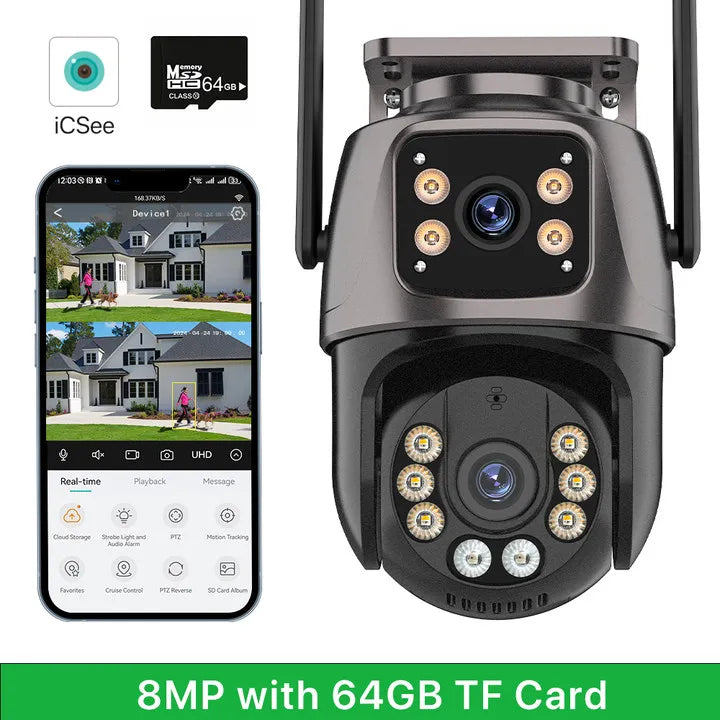 Three Lens Three Screen IP 12MP Camera WiFi External Dual Lens Auto Track Security PTZ 8MP HD Camera iCsee Video Surveillance