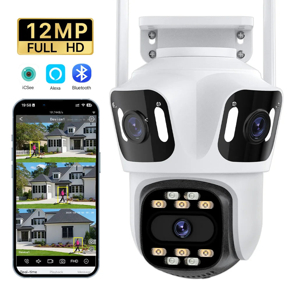 Three Lens Three Screen IP 12MP Camera WiFi External Dual Lens Auto Track Security PTZ 8MP HD Camera iCsee Video Surveillance