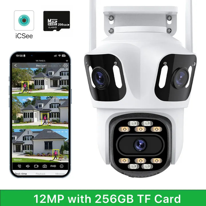 Three Lens Three Screen IP 12MP Camera WiFi External Dual Lens Auto Track Security PTZ 8MP HD Camera iCsee Video Surveillance