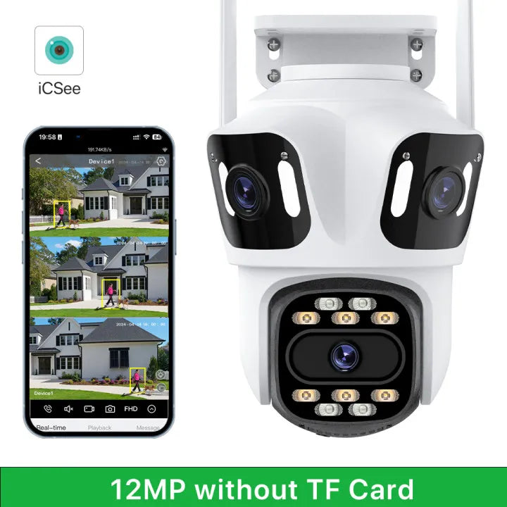 Three Lens Three Screen IP 12MP Camera WiFi External Dual Lens Auto Track Security PTZ 8MP HD Camera iCsee Video Surveillance